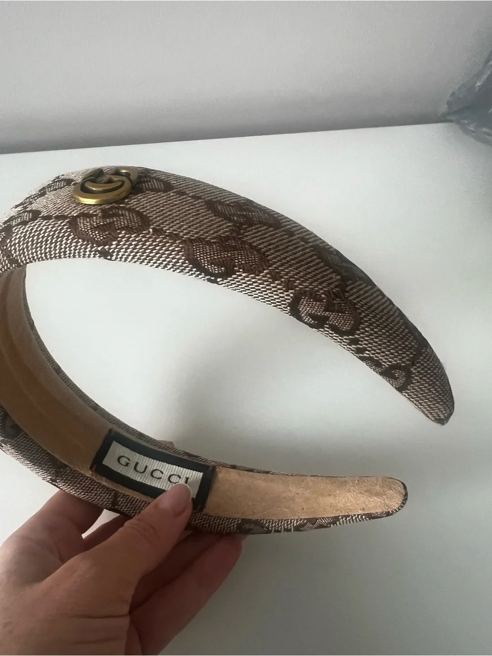 Gucci Brown Beige Monogram Padded Headband with Gold Accent